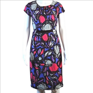 Boden Silk Blend Multi-Color Abstract Fruit Print Velvet Trim Sheath Dress